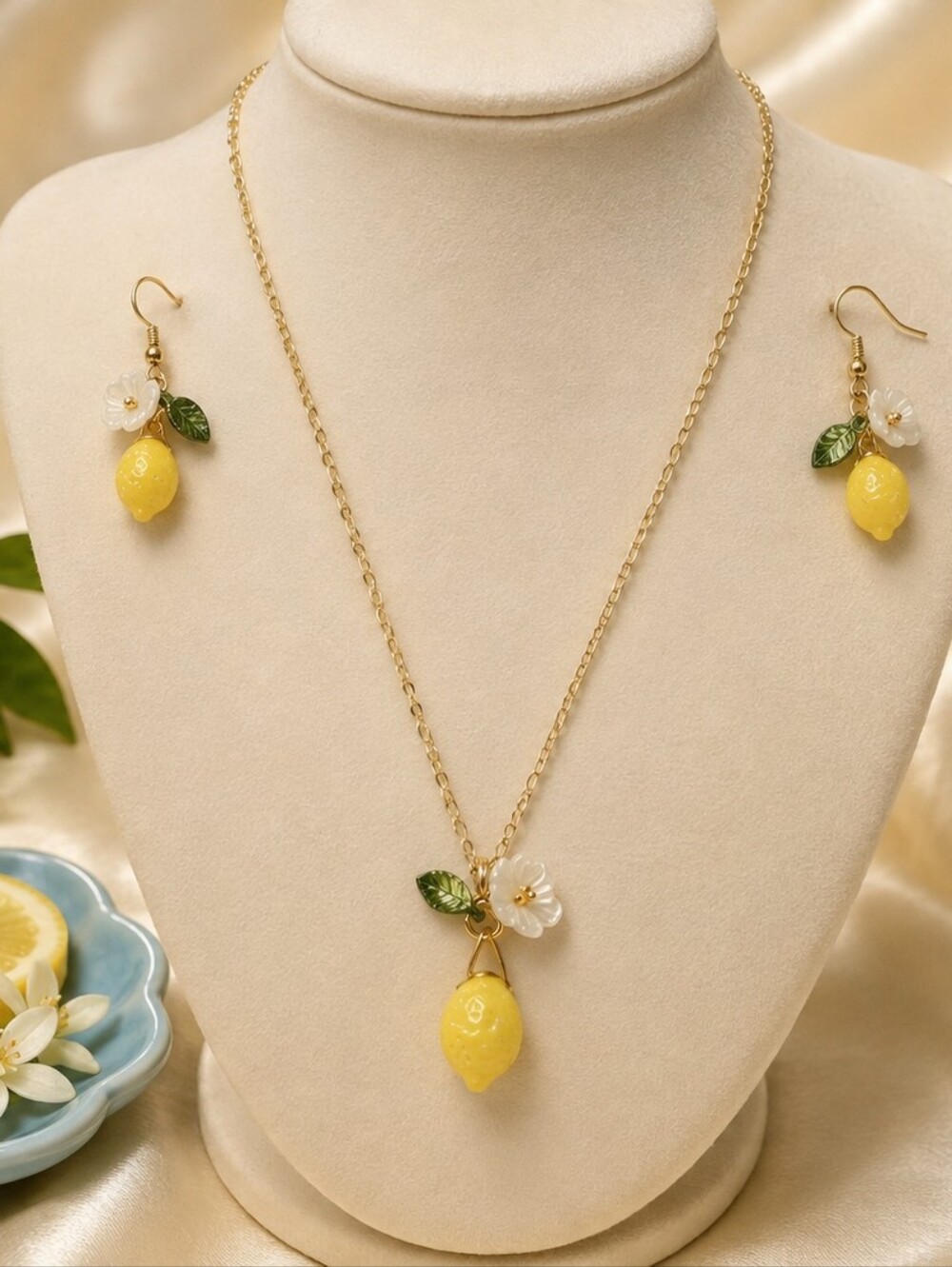 Gold-Tone Lemon Pendant Necklace & Earrings Set - Yellow Floral Charm